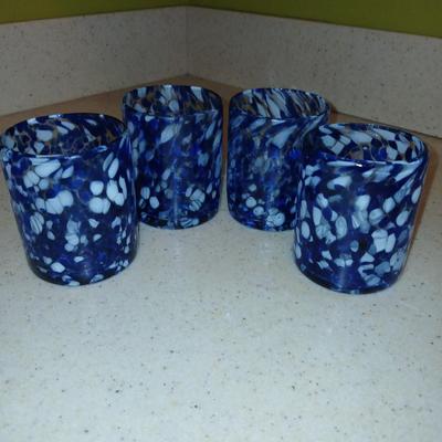 Set of Four blue and white confetti blown glass tumblers 4" tall juice glasses