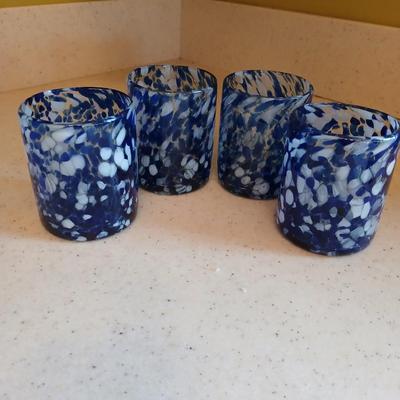 Set of Four blue and white confetti blown glass tumblers 4" tall juice glasses
