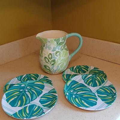 At home International Trish Richman Ceramic water pitcher with 4 Martha Stewart Melmac like plates