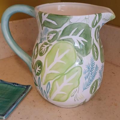 At home International Trish Richman Ceramic water pitcher with 4 Martha Stewart Melmac like plates