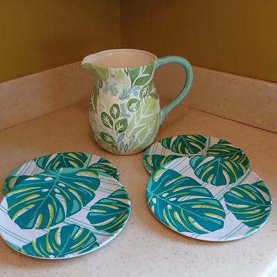 At home International Trish Richman Ceramic water pitcher with 4 Martha Stewart Melmac like plates