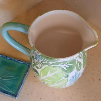 At home International Trish Richman Ceramic water pitcher with 4 Martha Stewart Melmac like plates