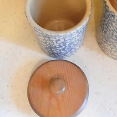 Three-piece canister set - Pottery Roseville Ohio Blue Spongeware canister set Marked R.R.P.Co. Roseville, O. USA #700-D