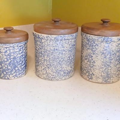 Three-piece canister set - Pottery Roseville Ohio Blue Spongeware canister set Marked R.R.P.Co. Roseville, O. USA #700-D