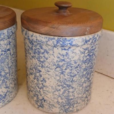 Three-piece canister set - Pottery Roseville Ohio Blue Spongeware canister set Marked R.R.P.Co. Roseville, O. USA #700-D