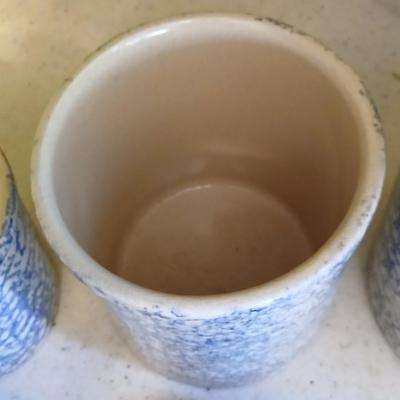 Three-piece canister set - Pottery Roseville Ohio Blue Spongeware canister set Marked R.R.P.Co. Roseville, O. USA #700-D
