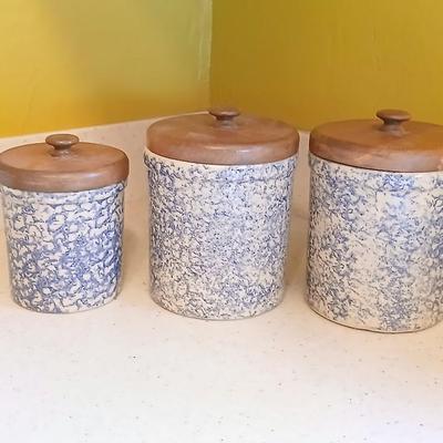 Three-piece canister set - Pottery Roseville Ohio Blue Spongeware canister set Marked R.R.P.Co. Roseville, O. USA #700-D