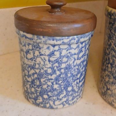 Three-piece canister set - Pottery Roseville Ohio Blue Spongeware canister set Marked R.R.P.Co. Roseville, O. USA #700-D