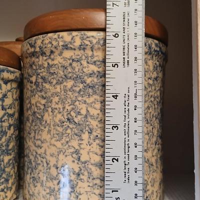 Three-piece canister set - Pottery Roseville Ohio Blue Spongeware canister set Marked R.R.P.Co. Roseville, O. USA #700-D