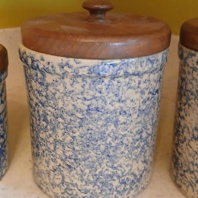 Three-piece canister set - Pottery Roseville Ohio Blue Spongeware canister set Marked R.R.P.Co. Roseville, O. USA #700-D
