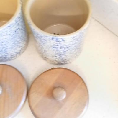Three-piece canister set - Pottery Roseville Ohio Blue Spongeware canister set Marked R.R.P.Co. Roseville, O. USA #700-D