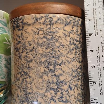 Three-piece canister set - Pottery Roseville Ohio Blue Spongeware canister set Marked R.R.P.Co. Roseville, O. USA #700-D
