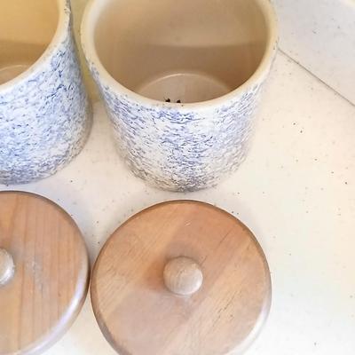 Three-piece canister set - Pottery Roseville Ohio Blue Spongeware canister set Marked R.R.P.Co. Roseville, O. USA #700-D