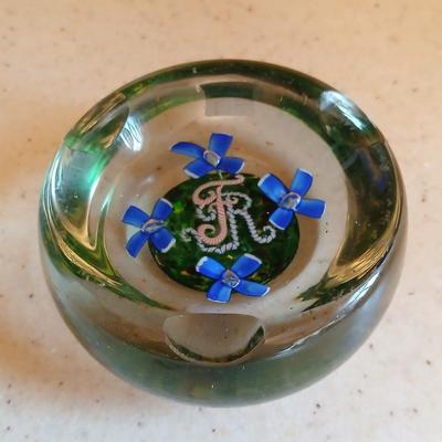 Glass Paperweight Ashtray -Murano like - blue flowers and "FR" Ashtray paperweight