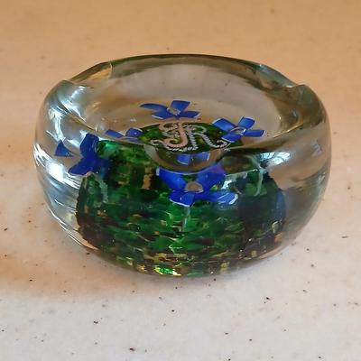 Glass Paperweight Ashtray -Murano like - blue flowers and "FR" Ashtray paperweight