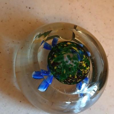 Glass Paperweight Ashtray -Murano like - blue flowers and "FR" Ashtray paperweight