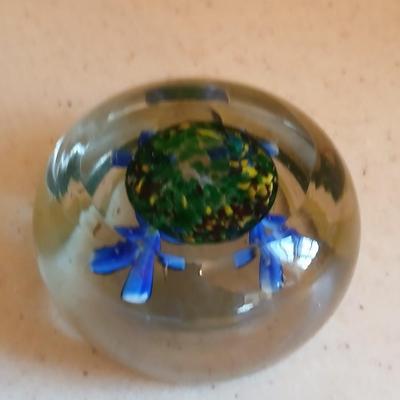 Glass Paperweight Ashtray -Murano like - blue flowers and "FR" Ashtray paperweight