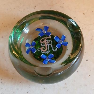 Glass Paperweight Ashtray -Murano like - blue flowers and "FR" Ashtray paperweight