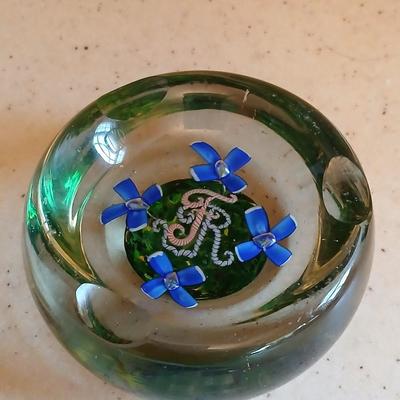 Glass Paperweight Ashtray -Murano like - blue flowers and "FR" Ashtray paperweight