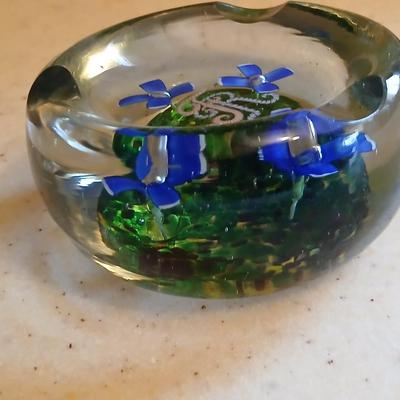 Glass Paperweight Ashtray -Murano like - blue flowers and "FR" Ashtray paperweight
