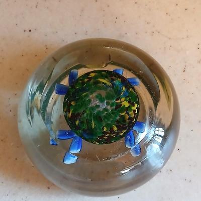 Glass Paperweight Ashtray -Murano like - blue flowers and "FR" Ashtray paperweight