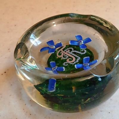 Glass Paperweight Ashtray -Murano like - blue flowers and "FR" Ashtray paperweight