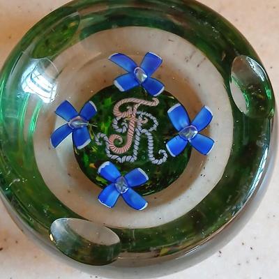 Glass Paperweight Ashtray -Murano like - blue flowers and "FR" Ashtray paperweight