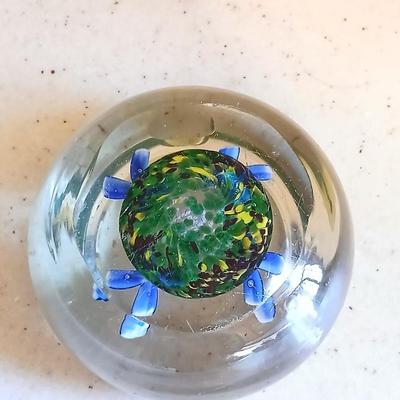 Glass Paperweight Ashtray -Murano like - blue flowers and "FR" Ashtray paperweight