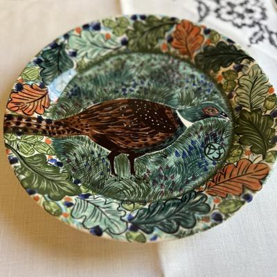 10” Finnish peacock plate and 11 1/2” glass plate
