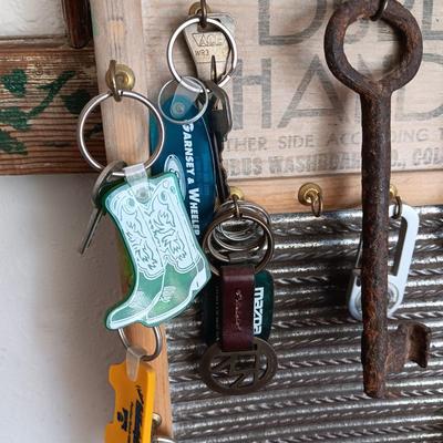 OLD REPURPOSED PANED WINDOW W/2 MIRRORS AND A WASHBOARD KEY HOLDER