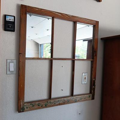 OLD REPURPOSED PANED WINDOW W/2 MIRRORS AND A WASHBOARD KEY HOLDER