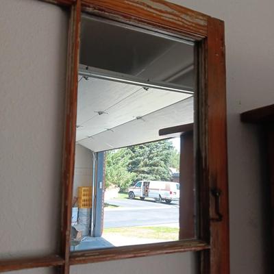 OLD REPURPOSED PANED WINDOW W/2 MIRRORS AND A WASHBOARD KEY HOLDER