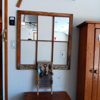 OLD REPURPOSED PANED WINDOW W/2 MIRRORS AND A WASHBOARD KEY HOLDER