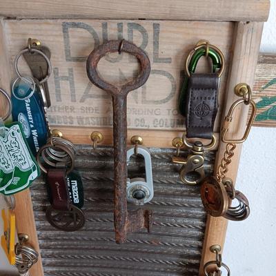 OLD REPURPOSED PANED WINDOW W/2 MIRRORS AND A WASHBOARD KEY HOLDER