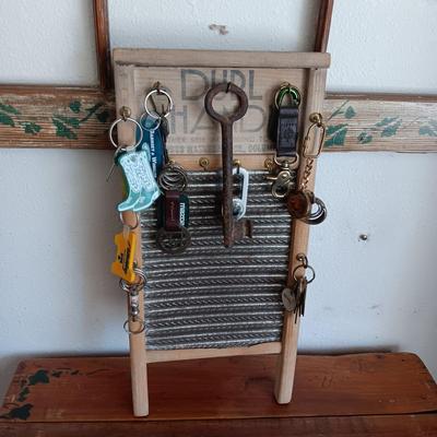 OLD REPURPOSED PANED WINDOW W/2 MIRRORS AND A WASHBOARD KEY HOLDER