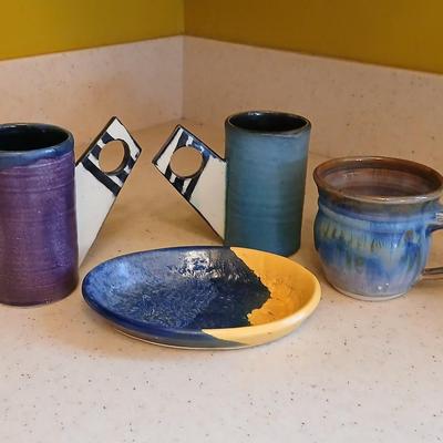 Two Signed Art Pottery Artisan Coffee Mugs - pottery soap dish - and a nice, glazed pottery mug perfect cups for coffee!
