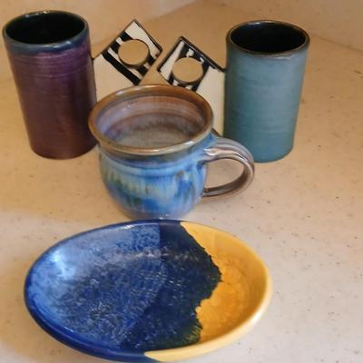 Two Signed Art Pottery Artisan Coffee Mugs - pottery soap dish - and a nice, glazed pottery mug perfect cups for coffee!