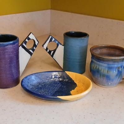 Two Signed Art Pottery Artisan Coffee Mugs - pottery soap dish - and a nice, glazed pottery mug perfect cups for coffee!