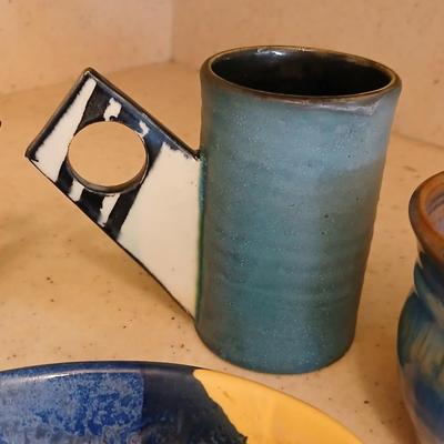 Two Signed Art Pottery Artisan Coffee Mugs - pottery soap dish - and a nice, glazed pottery mug perfect cups for coffee!
