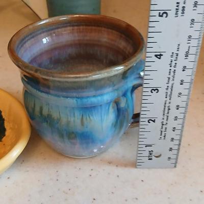 Two Signed Art Pottery Artisan Coffee Mugs - pottery soap dish - and a nice, glazed pottery mug perfect cups for coffee!