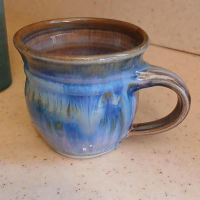 Two Signed Art Pottery Artisan Coffee Mugs - pottery soap dish - and a nice, glazed pottery mug perfect cups for coffee!