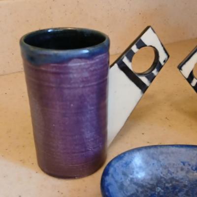 Two Signed Art Pottery Artisan Coffee Mugs - pottery soap dish - and a nice, glazed pottery mug perfect cups for coffee!