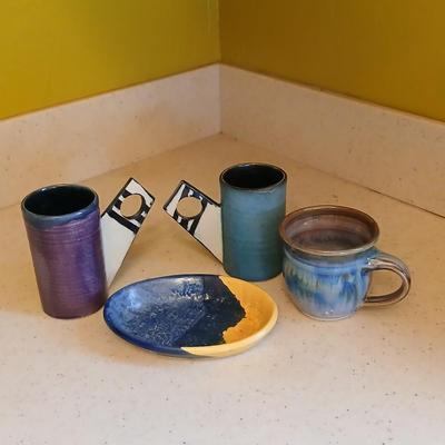 Two Signed Art Pottery Artisan Coffee Mugs - pottery soap dish - and a nice, glazed pottery mug perfect cups for coffee!