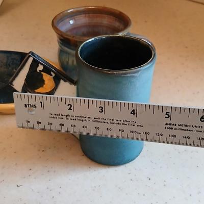 Two Signed Art Pottery Artisan Coffee Mugs - pottery soap dish - and a nice, glazed pottery mug perfect cups for coffee!