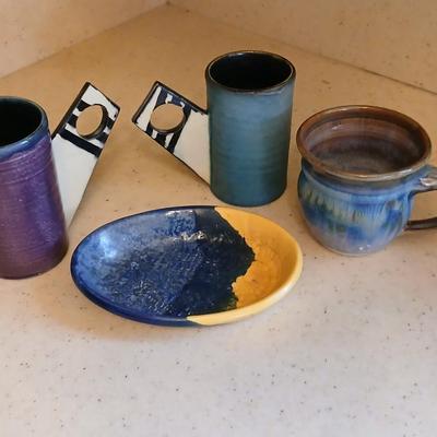 Two Signed Art Pottery Artisan Coffee Mugs - pottery soap dish - and a nice, glazed pottery mug perfect cups for coffee!