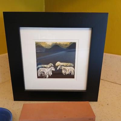 Assortment of collectible Kitchen items - inlayed trivet - Two Turkish bowls - Knife sharpening whetstone - cute, framed sheep