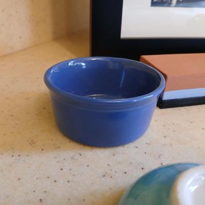 Assortment of collectible Kitchen items - inlayed trivet - Two Turkish bowls - Knife sharpening whetstone - cute, framed sheep