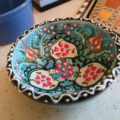 Assortment of collectible Kitchen items - inlayed trivet - Two Turkish bowls - Knife sharpening whetstone - cute, framed sheep