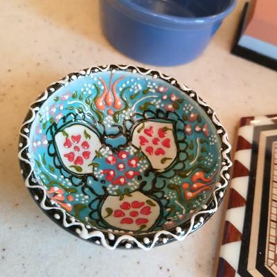 Assortment of collectible Kitchen items - inlayed trivet - Two Turkish bowls - Knife sharpening whetstone - cute, framed sheep
