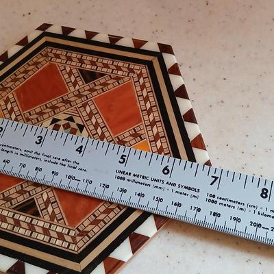 Assortment of collectible Kitchen items - inlayed trivet - Two Turkish bowls - Knife sharpening whetstone - cute, framed sheep